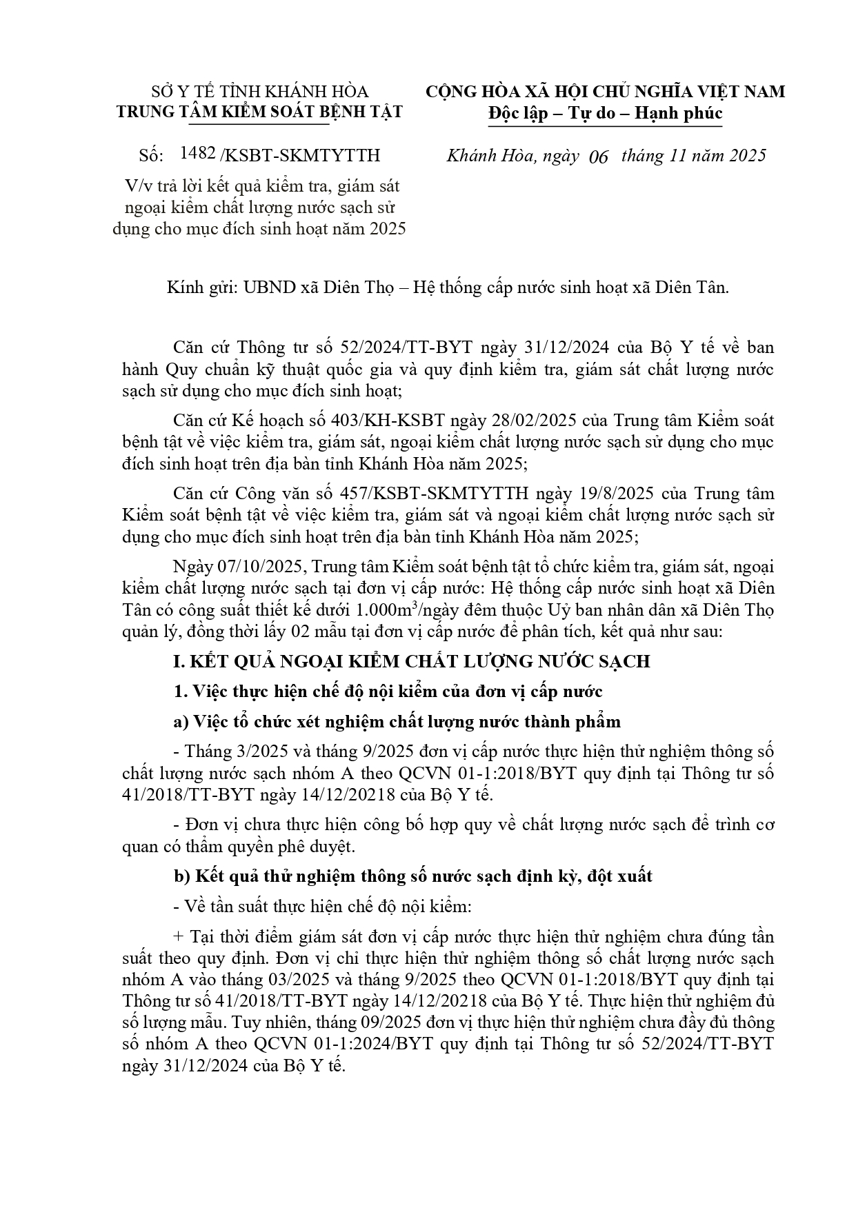 V/v trả lời kết quả kiểm tra, giám sát ngoại kiểm chất lượng nước sạch sử dụng cho mục đích sinh hoạt năm 2025